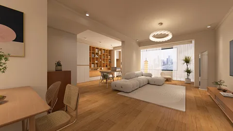 spacious living room featuring modern furniture arrangement in contemporary style, showcasing interior decor optimization with Homestyler's real-time 3D rendering.