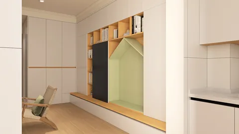 Modern bookshelf design featuring a unique house-shaped element, enhancing space functionality in a minimalist living area; showcasing Homestyler's real-time 3D rendering capabilities.