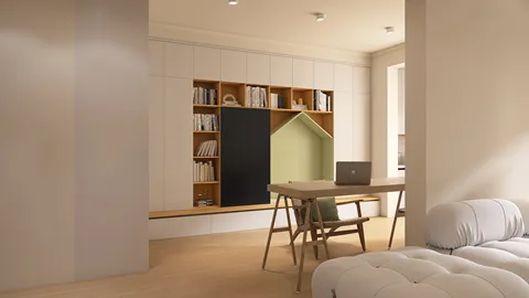 cozy home office setup featuring a desk and bookshelves with a decorative element, designed in a modern style, emphasizing space optimization with Homestyler's smart furniture arrangement feature.