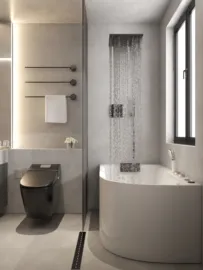 modern bathroom design featuring a freestanding bathtub and sleek shower area with water cascading down, showcasing a minimalist style for a luxurious spa-like experience using Homestyler's real-time 3D rendering.