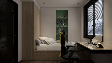 modern bedroom interior design showcasing a cozy bed and workspace arrangement with a minimalist style, emphasizing space optimization through smart furniture layout using Homestyler's AR virtual furniture placement feature.
