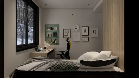 Cozy bedroom layout featuring a study area and comfortable sleeping space, designed with a minimalistic style for enhanced productivity, utilizing Homestyler's real-time 3D rendering feature.
