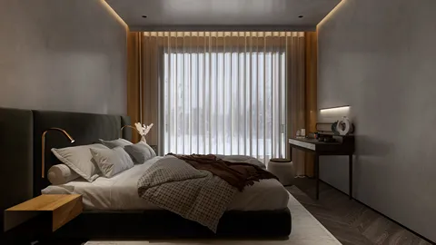 modern bedroom design featuring a stylish bed and cozy textiles with dim lighting optimizing space value in a contemporary style; utilizing Homestyler's real-time 3D rendering for quick design visualization.