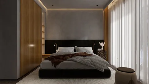 modern bedroom design featuring a cozy bed with soft linens and ambient lighting, showcasing smart furniture arrangement for small spaces using Homestyler's real-time 3D rendering feature