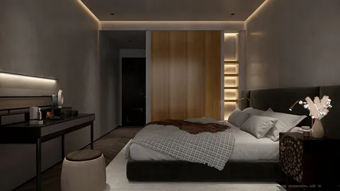modern bedroom design featuring a minimalist layout with subtle lighting and elegant furniture to create a calming atmosphere, showcasing Homestyler's real-time 3D rendering feature.
