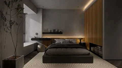 minimalist bedroom design featuring a wooden wardrobe and soft bedding, showcasing a calming atmosphere and optimized space functionality through Homestyler's real-time 3D rendering feature.