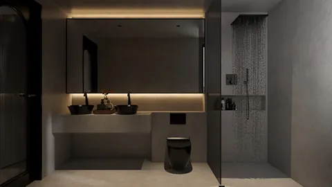 modern bathroom design featuring dual sinks with black bowls and minimalist shower area, showcasing an industrial style for a sleek and contemporary space, enhanced by Homestyler's real-time 3D rendering feature.