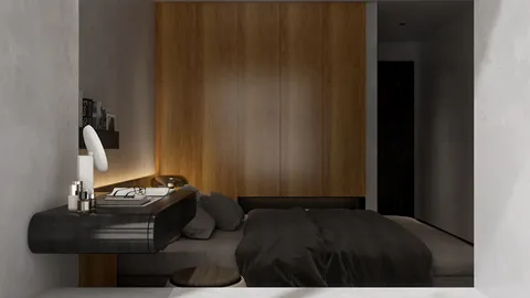 modern bedroom design featuring a sleek bed and wooden accent wall with a stylish desk setup, showcasing interior design concepts with Homestyler's real-time 3D rendering capabilities.