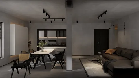 Modern living room and dining area with minimalist furniture arrangement showcasing a relaxed industrial style, featuring a realistic 3D rendering from Homestyler.