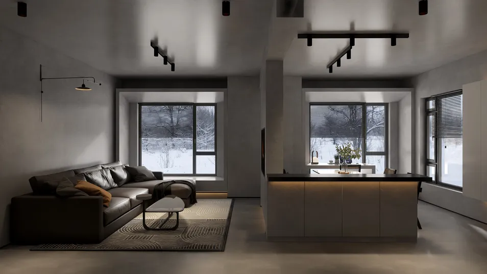 modern living room featuring a cozy sofa arrangement with an open kitchen design, minimalist style, enhancing the spaciousness of the interior decor, utilizing Homestyler's real-time 3D rendering for accurate visual previews.