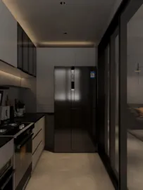 Modern kitchen design showcasing a sleek black refrigerator, optimizing small space with minimalistic style, utilizing Homestyler's real-time 3D rendering feature.
