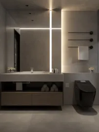 modern bathroom design showcasing minimalistic features and sleek fixtures using Homestyler's real-time 3D rendering for an effective visual presentation.