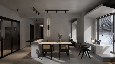 modern dining area with minimalist furniture arrangement showcasing a sleek design style, emphasizing space optimization for interior decor using Homestyler's real-time 3D rendering feature.