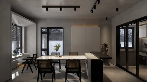 modern dining area featuring a sleek table arrangement, minimalist design, and natural lighting, showcasing interior decor optimized using Homestyler's real-time 3D rendering feature.