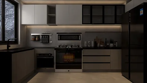 modern kitchen design featuring sleek cabinetry and ambient lighting with 3D rendering for a realistic preview, optimized for a contemporary interior decor.