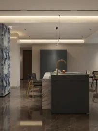 Modern kitchen design showcasing a marble island with a sleek backsplash, featuring a contemporary aesthetic and optimized space for efficient cooking, utilizing Homestyler's real-time 3D rendering feature.