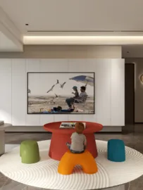 Children playing at a colorful table in a modern living room, featuring a large TV on the wall, showcasing a beach scene, with stylish design elements creating a playful atmosphere, utilizing Homestyler's smart furniture arrangement feature for optimal small space design.