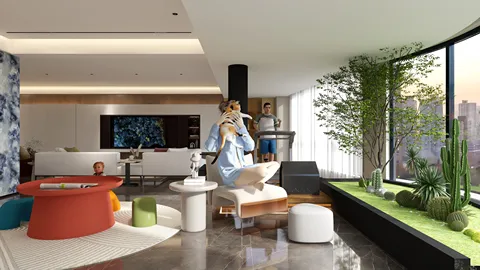 modern living room with a cozy seating arrangement featuring colorful furniture, showcasing smart furniture layout for small spaces, enhanced by Homestyler's real-time 3D rendering feature.