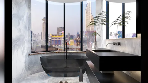 modern bathroom design featuring a sleek black bathtub and minimalist sink with city skyline view, showcasing interior decor concepts with Homestyler's real-time 3D rendering feature.