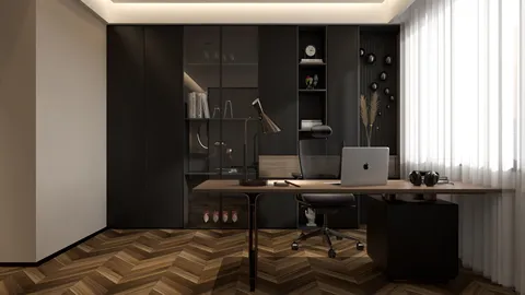 modern home office design featuring a sleek desk and ergonomic chair placed against a stylish black cabinetry with shelves; utilizing Homestyler's real-time 3D rendering for accurate visualization of interior layout