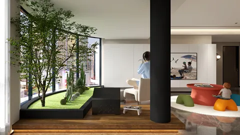 modern living room with indoor garden design featuring real plants and green grass, showcasing a harmonious blend of nature and contemporary aesthetics, utilizing Homestyler's real-time 3D rendering for accurate visualization