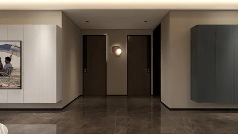 modern hallway design featuring sleek doors and minimalist lighting, showcasing interior decor ideas for contemporary spaces using Homestyler's real-time 3D rendering feature.