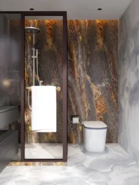 modern bathroom with elegant shower enclosure featuring real-time 3D rendering for immersive design experience and optimized space utilization in interior design.