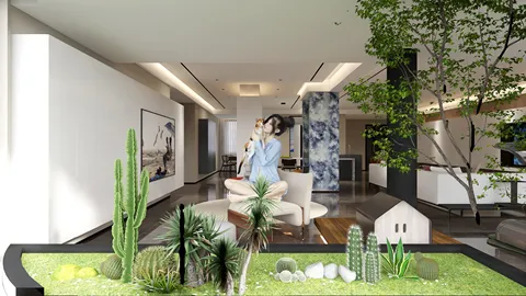 modern interior with indoor plants and family relaxing in a bright living room, showcasing a natural and minimalist design aesthetic, utilizing Homestyler's real-time 3D rendering feature to visualize space effectively.
