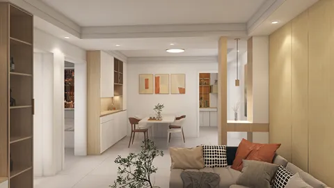 modern living room design with cozy seating and dining area, featuring a minimalist style and spacious layout, utilizing Homestyler's real-time 3D rendering for design visualization.