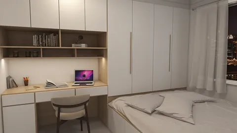 modern bedroom with a wooden desk and a neatly made bed featuring clean lines and soft colors, showcasing a minimalist design approach, utilizing Homestyler's real-time 3D rendering feature.