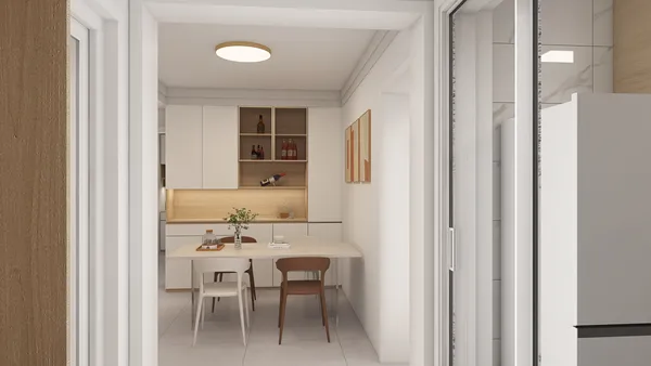Modern kitchen design featuring a dining area with wooden chairs and a minimalist table, showcasing smart furniture arrangement for small spaces, utilizing Homestyler's real-time 3D rendering feature.