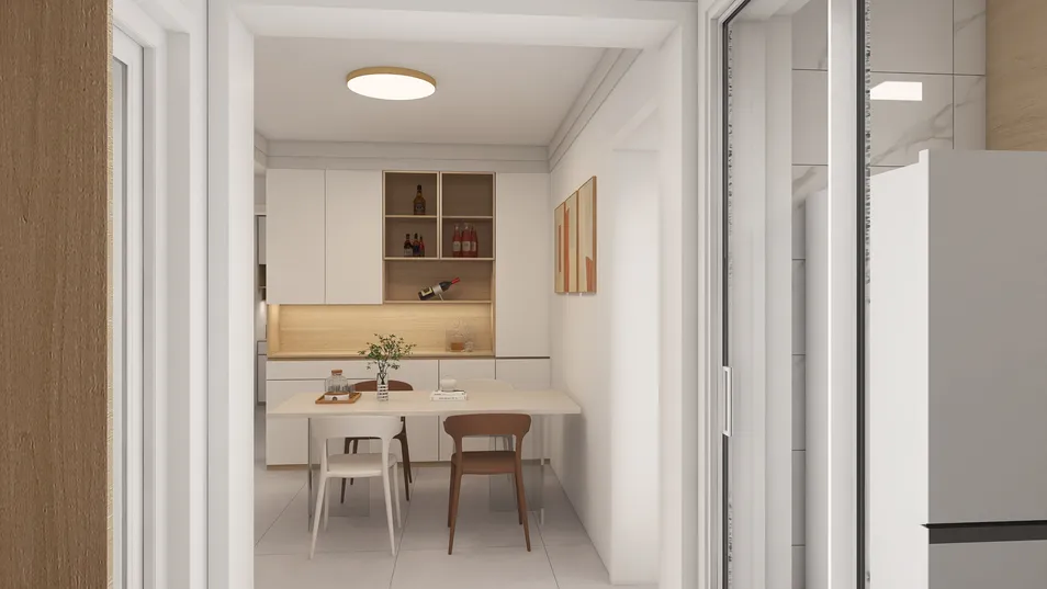 Modern kitchen design featuring a dining area with wooden chairs and a minimalist table, showcasing smart furniture arrangement for small spaces, utilizing Homestyler's real-time 3D rendering feature.