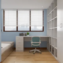 modern desk workspace design with efficient furniture arrangement in a serene blue bedroom, showcasing interior decor optimization using Homestyler's real-time 3D rendering feature.