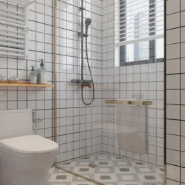 modern bathroom featuring a glass shower enclosure with tile accents, showcasing efficient space utilization with smart design for small areas using Homestyler's real-time 3D rendering feature.