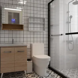 modern bathroom design featuring a wooden vanity and glass shower, showcasing a minimalist style while optimizing space with smart furniture arrangement using Homestyler's real-time 3D rendering.