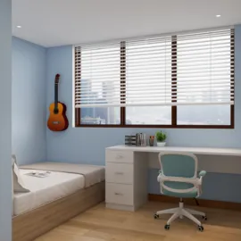 a bedroom featuring a bed with a simple design and a desk with an office chair, designed in a modern style, showcasing the space value of functionality; incorporates Homestyler's real-time 3D rendering feature for design proposal visualization.