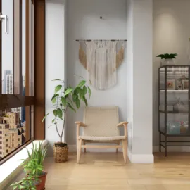Cozy chair in a modern interior design with natural light, incorporating elements of biophilic design; featuring a serene atmosphere perfect for relaxation with indoor plants and a stylish display cabinet; showcasing Homestyler's real-time 3D rendering capability.