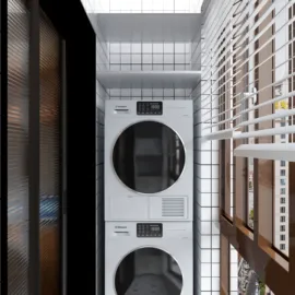 Laundry appliances stacked in a modern washing area optimizing small spaces with a minimalist design, showcasing Homestyler's smart furniture arrangement feature.