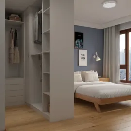 A cozy bedroom featuring a minimalist bed and open wardrobe design, showcasing contemporary style and efficient space utilization with Homestyler's real-time 3D rendering capability.