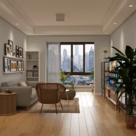 cozy living room with modern furniture arrangement in a minimalist style showcasing urban views, featuring Homestyler's real-time 3D rendering for design proposal demonstration