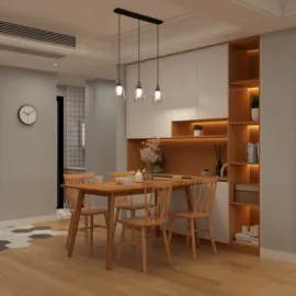 Dining area featuring a wooden dining table and chairs, designed with a cozy atmosphere in a modern style, showcasing interior decor with a focus on optimizing small spaces using Homestyler's real-time 3D rendering feature.