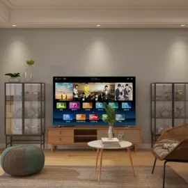 modern living room with a sleek TV setup featuring smart media display, showcasing a minimalist style; highlights the importance of interior decor with Homestyler's real-time 3D rendering feature.