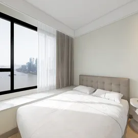 bedroom design showcasing a cozy bed placement with natural light streaming through large windows in a modern minimalist style, featuring the interior decor keyword 'contemporary bedroom design', utilizing Homestyler's real-time 3D rendering function for instant preview.