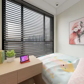 Modern bedroom design featuring a cozy bed with pastel bedding, accompanied by a wooden desk displaying a plant and decorative items, enhanced by smart furniture arrangement for optimal space utilization, utilizing Homestyler's real-time 3D rendering feature.