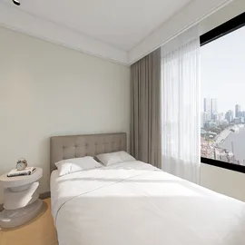 Modern bedroom design featuring a minimalist bed arrangement with a light color palette, highlighting an elegant aesthetic and maximizing space value using Homestyler's real-time 3D rendering feature.