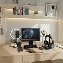 home office setup showcasing a modern workspace with organized accessories and ambient lighting for an efficient interior design experience, utilizing Homestyler's real-time 3D rendering feature.