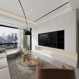 modern living room with a TV unit featuring a sleek design, showcasing a cozy atmosphere with neutral colors and natural light, emphasizing interior decor with Homestyler's real-time 3D rendering.