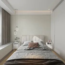 tranquil bedroom design featuring a modern bed arrangement with elegant bedding, showcasing minimalism and comfort, optimized for small spaces using Homestyler's smart furniture layout feature.