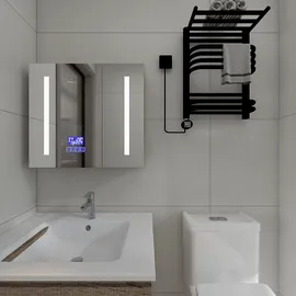 modern bathroom vanity with sleek mirror lighting and towel rack in minimalist style, showcasing interior design optimization with Homestyler's real-time 3D rendering feature
