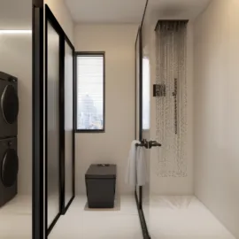 modern bathroom design featuring a shower area and laundry appliances, showcasing an efficient use of space with a minimalist style, utilizing Homestyler's real-time 3D rendering feature for a quick design preview.